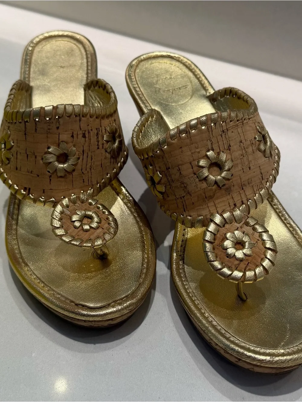 Metallic Gold Cork Wedge Sandals with Floral Accent